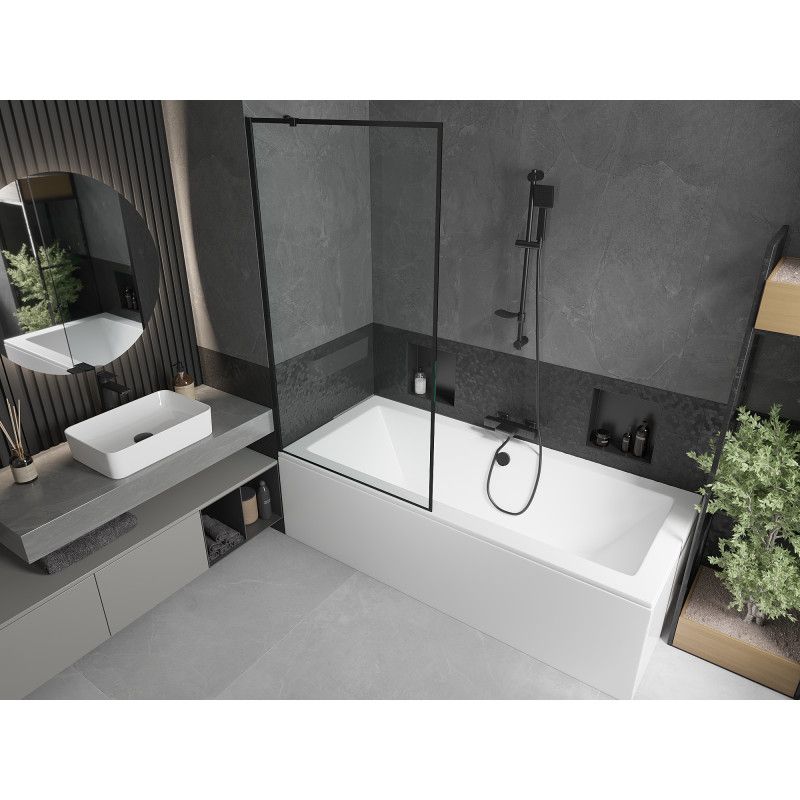 Rektangulært badekar Mexen Cube 170 x 80 cm med frontpanel og 1-fløjet brusevæg 90 cm i mat-sort mønster, komplet sæt