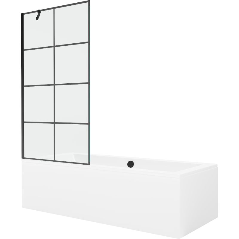 Rektangulært badekar Mexen Cube 170 x 80 cm med front- og sidepanel samt 1-fløjet brusevæg 90 cm i sort mønster, 1 sæt