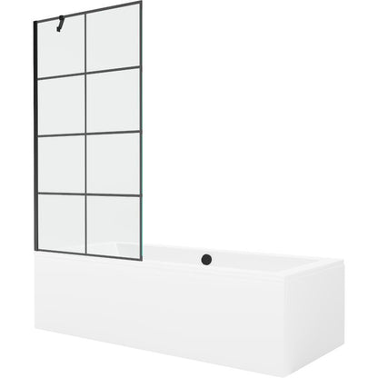 Rektangulært badekar Mexen Cube 170 x 80 cm med front- og sidepanel samt 1-fløjet brusevæg 90 cm i sort mønster, 1 sæt