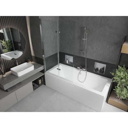 Rektangulært badekar Mexen Cube 170 x 80 cm med front- og sidepanel samt 2-fløjet brusevæg 100 cm i transparent krom, 1 sæt