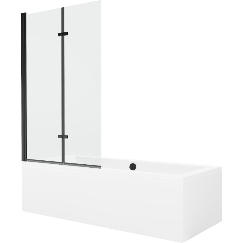 Rektangulært badekar Mexen Cube 170 x 80 cm med frontpanel og 2-fløjet brusevæg 100 cm transparent sort