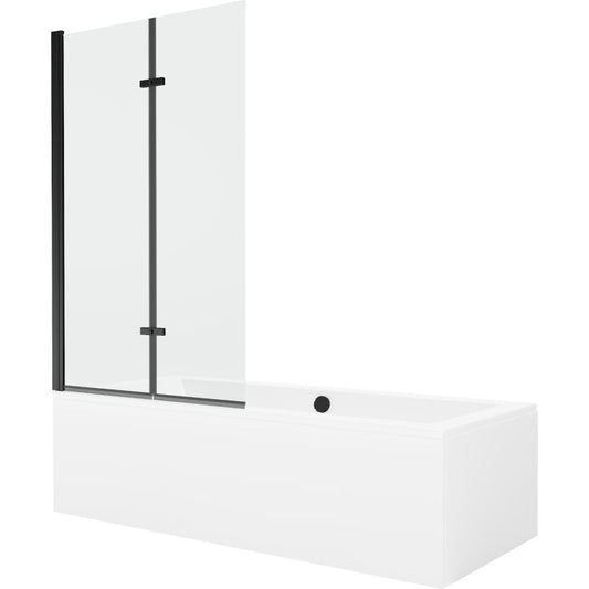 Rektangulært badekar Mexen Cube 170 x 80 cm med frontpanel og 2-fløjet brusevæg 100 cm transparent sort