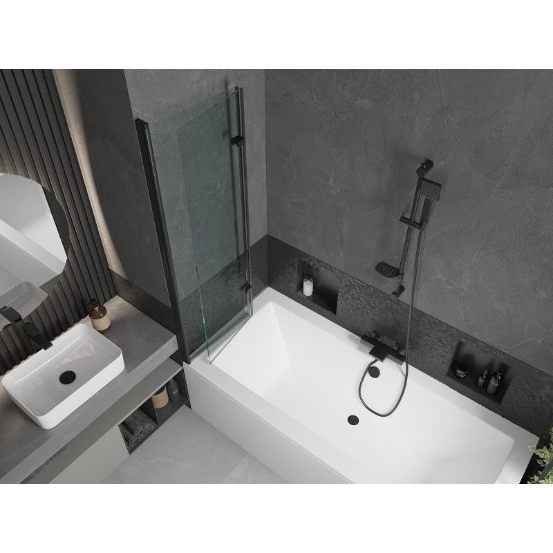 Rektangulært badekar Mexen Cube 170 x 80 cm med frontpanel og 2-fløjet brusevæg 100 cm transparent sort