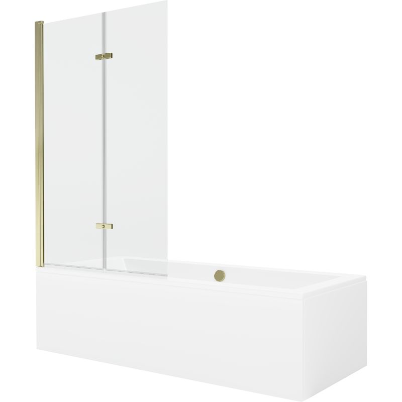 Rektangulært badekar Mexen Cube 170 x 80 cm med front- og sidebeklædning samt 2-fløjet brusevæg 100 cm i transparent hærdet glas med guldfinish, 1 sæt