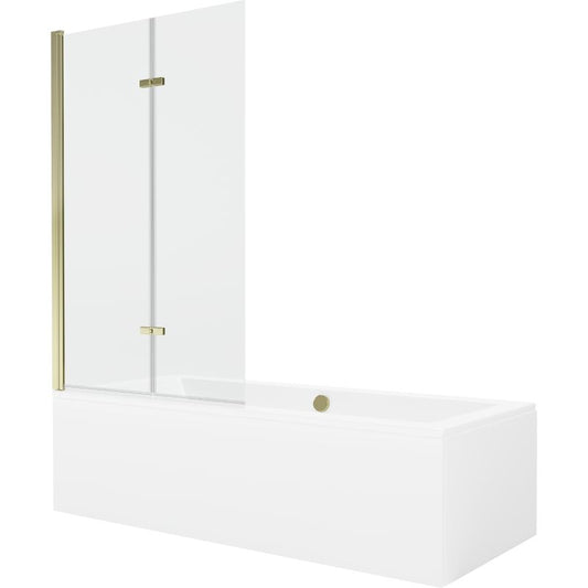 Rektangulært badekar Mexen Cube 170 x 80 cm med front- og sidebeklædning samt 2-fløjet brusevæg 100 cm i transparent hærdet glas med guldfinish, 1 sæt