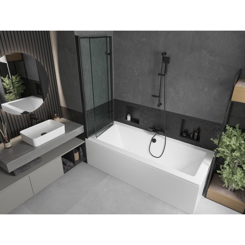 Rektangulært badekar Mexen Cube 170 x 80 cm med frontpanel og 2-fløjet brusevæg 120 cm sort mønster, 1 sæt