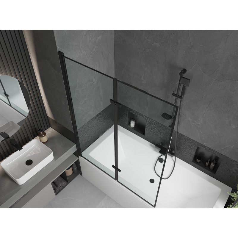 Rektangulært badekar Mexen Cube 170 x 80 cm med frontpanel og 2-fløjet brusevæg 120 cm sort mønster, 1 sæt