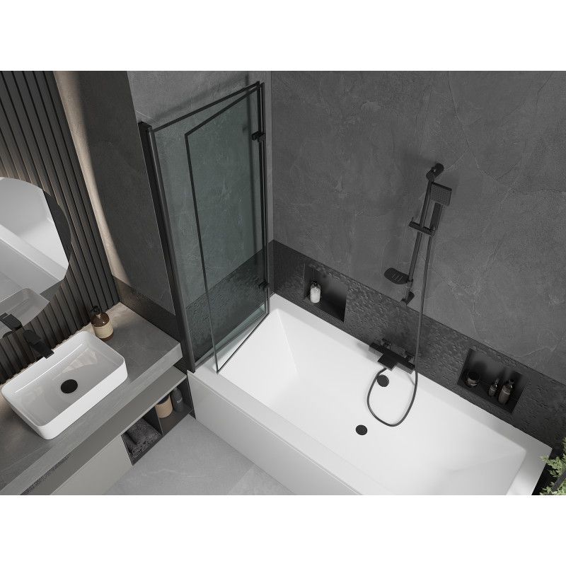 Rektangulært badekar Mexen Cube 170 x 80 cm med frontpanel og 2-fløjet brusevæg 120 cm sort mønster, 1 sæt