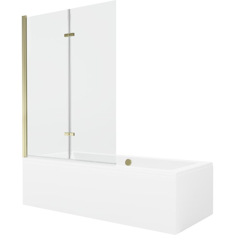 Rektangulært badekar Mexen Cube 170 x 80 cm med front- og sidepanel samt 2-fløjet brusevæg 120 cm i transparent guld - 1 sæt