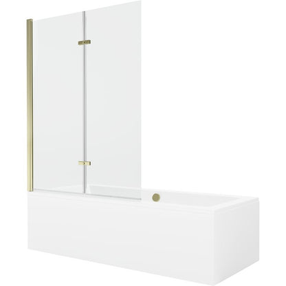Rektangulært badekar Mexen Cube 170 x 80 cm med front- og sidepanel samt 2-fløjet brusevæg 120 cm i transparent guld - 1 sæt