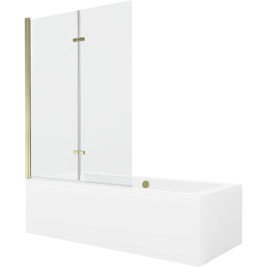 Rektangulært badekar Mexen Cube 170 x 80 cm med front- og sidepanel samt 2-fløjet brusevæg 120 cm i transparent guld - 1 sæt