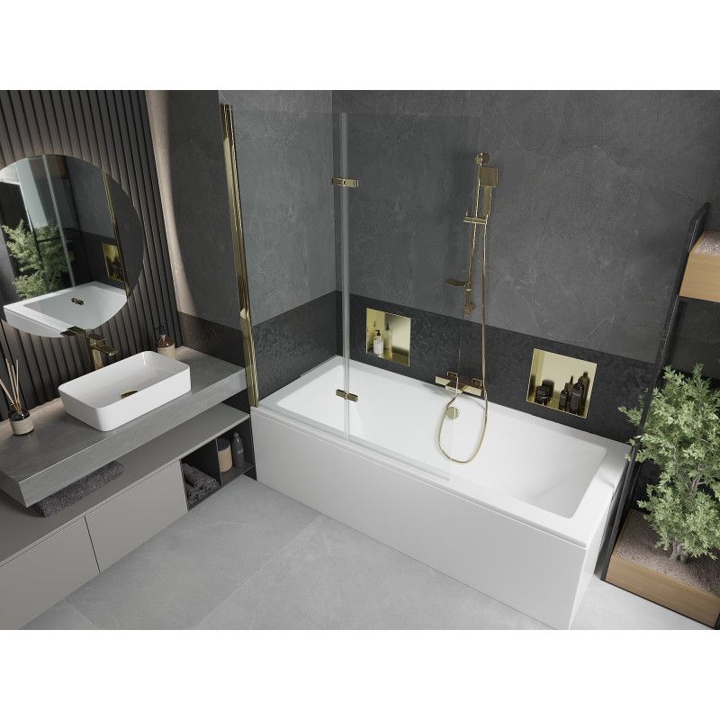 Rektangulært badekar Mexen Cube 170 x 80 cm med front- og sidepanel samt 2-fløjet brusevæg 120 cm i transparent guld - 1 sæt