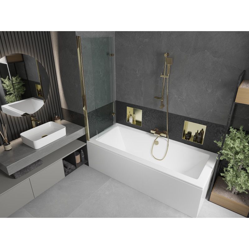 Rektangulært badekar Mexen Cube 170 x 80 cm med front- og sidepanel samt 2-fløjet brusevæg 120 cm i transparent guld - 1 sæt