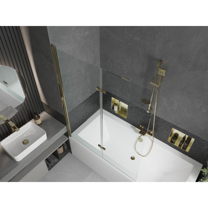Rektangulært badekar Mexen Cube 170 x 80 cm med front- og sidepanel samt 2-fløjet brusevæg 120 cm i transparent guld - 1 sæt