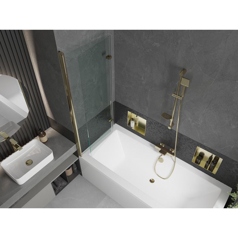 Rektangulært badekar Mexen Cube 170 x 80 cm med front- og sidepanel samt 2-fløjet brusevæg 120 cm i transparent guld - 1 sæt