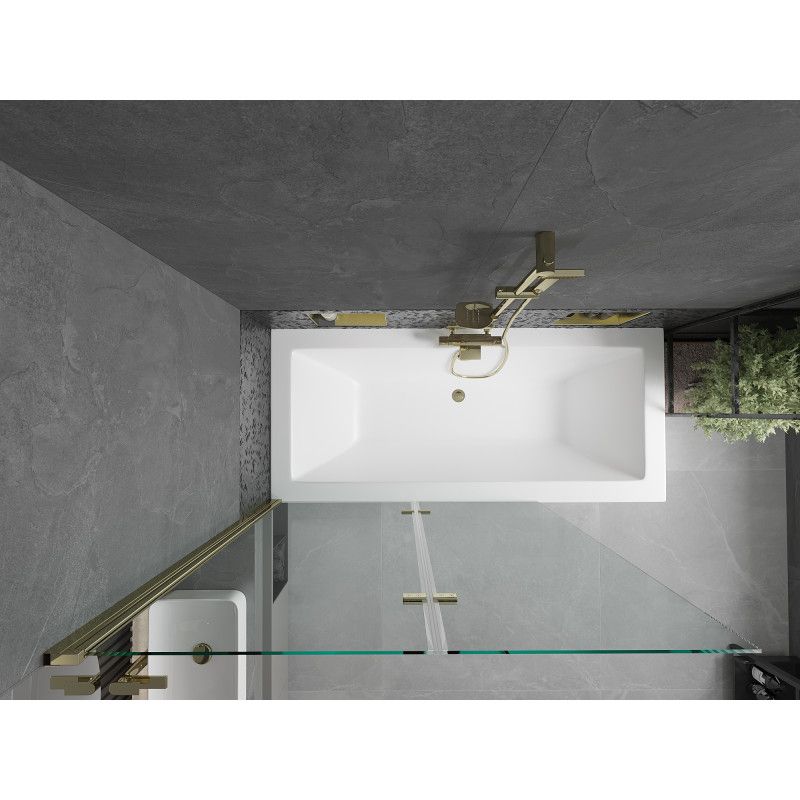 Rektangulært badekar Mexen Cube 170 x 80 cm med front- og sidepanel samt 2-fløjet brusevæg 120 cm i transparent guld - 1 sæt