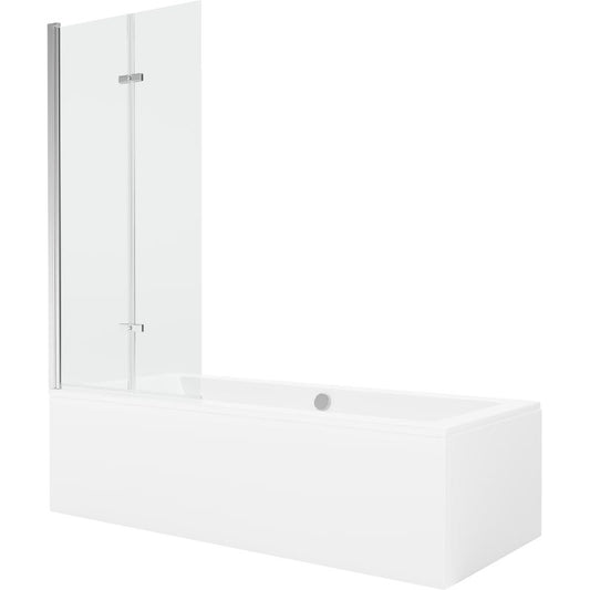 Rektangulært badekar Mexen Cube 170 x 80 cm med front- og sidepanel samt 2-fløjet brusevæg 80 cm i transparent krom, 1 sæt