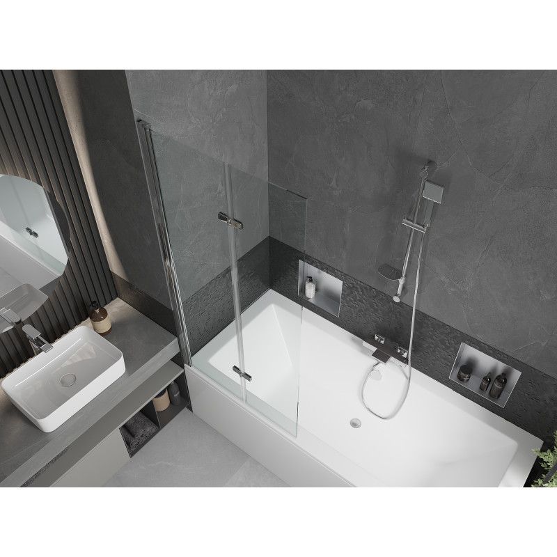 Rektangulært badekar Mexen Cube 170 x 80 cm med front- og sidepanel samt 2-fløjet brusevæg 80 cm i transparent krom, 1 sæt