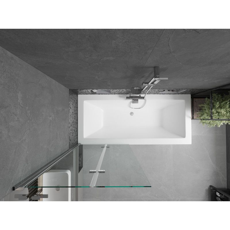 Rektangulært badekar Mexen Cube 170 x 80 cm med front- og sidepanel samt 2-fløjet brusevæg 80 cm i transparent krom, 1 sæt