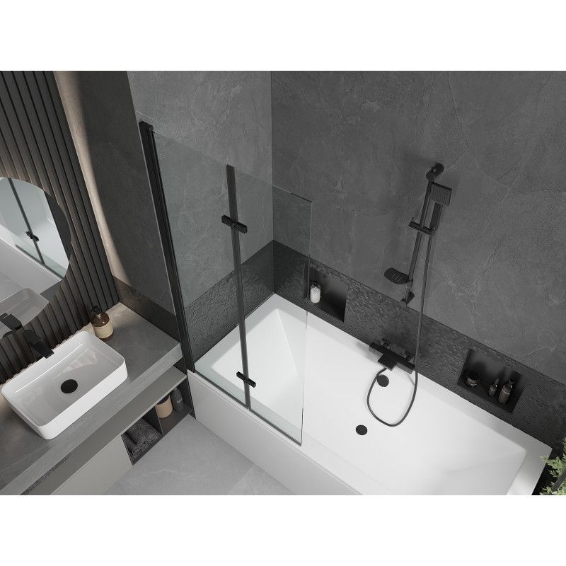 Rektangulært badekar Mexen Cube 170 x 80 cm med frontpanel og 2-fløjet brusevæg 80 cm transparent sort 1 sæt