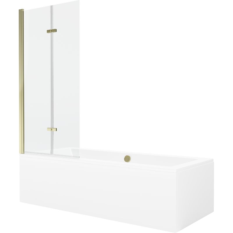 Rektangulært badekar Mexen Cube 170 x 80 cm med front- og sidepanel samt 2-fløjet brusevæg 80 cm i transparent guld, 1 sæt