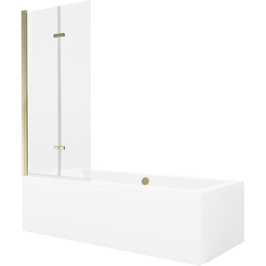 Rektangulært badekar Mexen Cube 170 x 80 cm med front- og sidepanel samt 2-fløjet brusevæg 80 cm i transparent guld, 1 sæt