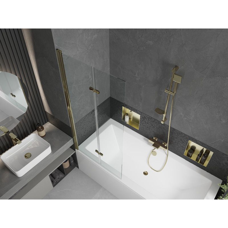 Rektangulært badekar Mexen Cube 170 x 80 cm med front- og sidepanel samt 2-fløjet brusevæg 80 cm i transparent guld, 1 sæt