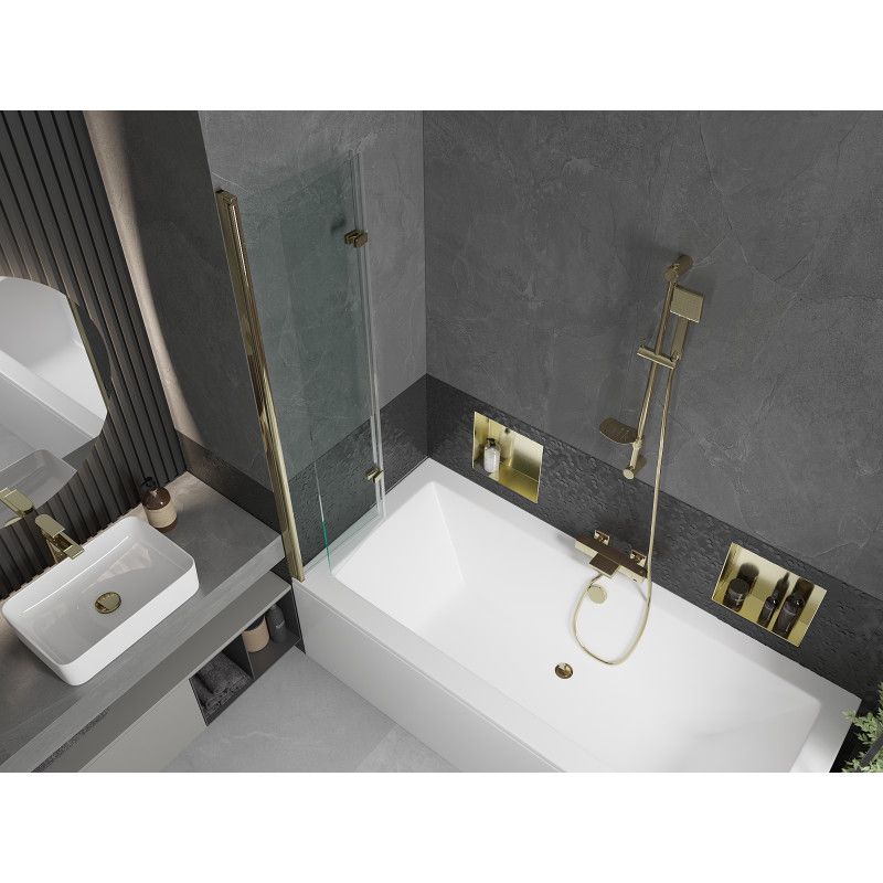 Rektangulært badekar Mexen Cube 170 x 80 cm med front- og sidepanel samt 2-fløjet brusevæg 80 cm i transparent guld, 1 sæt