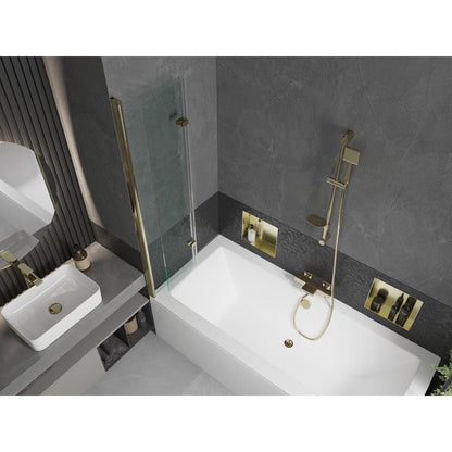 Rektangulært badekar Mexen Cube 170 x 80 cm med front- og sidepanel samt 2-fløjet brusevæg 80 cm i transparent guld, 1 sæt
