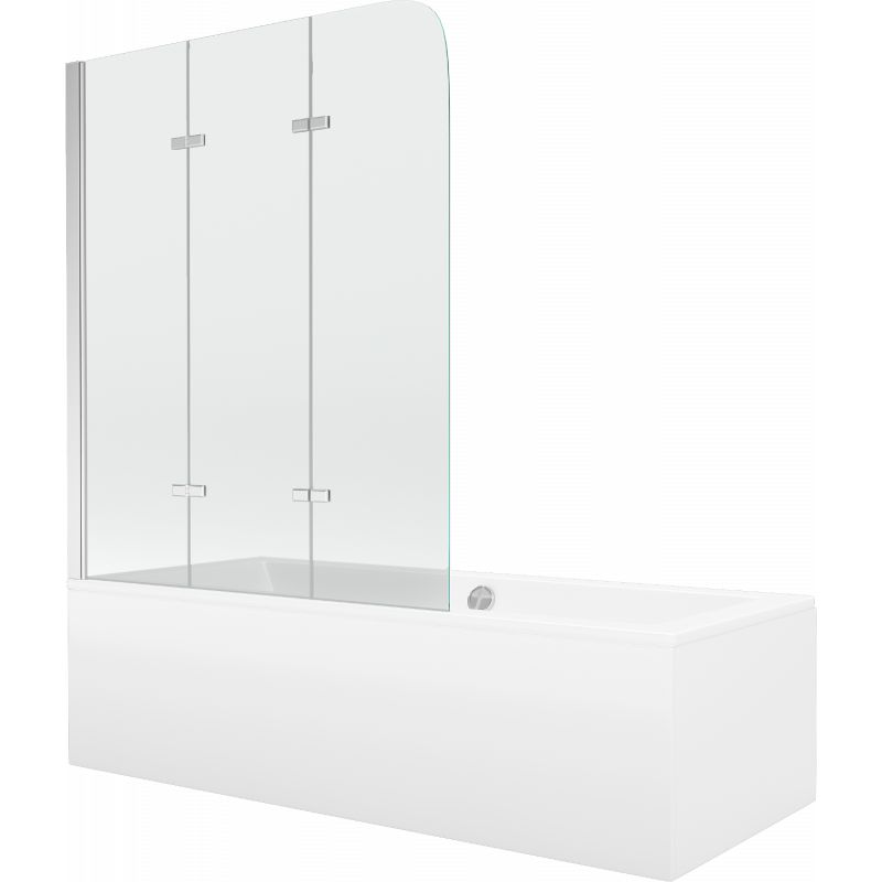 Rektangulært badekar Mexen Cube 170 x 80 cm med frontpanel og 3-fløjet brusevæg 120 cm transparent krom 1 sæt