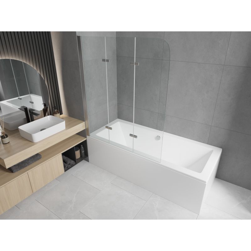 Rektangulært badekar Mexen Cube 170 x 80 cm med frontpanel og 3-fløjet brusevæg 120 cm transparent krom 1 sæt