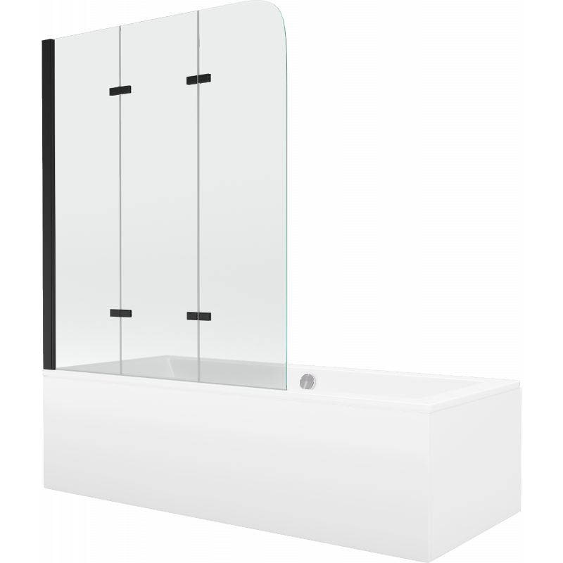 Rektangulært badekar Mexen Cube 170 x 80 cm med frontpanel og 3-fløjet brusevæg 120 cm transparent sort 1 sæt