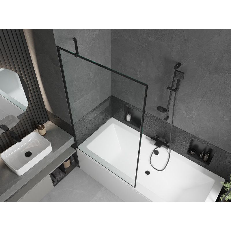 Rektangulært badekar Mexen Cube 180 x 80 cm med frontpanel og 1-fløjet skærmvæg 100 cm mat-sort mønster, 1 sæt