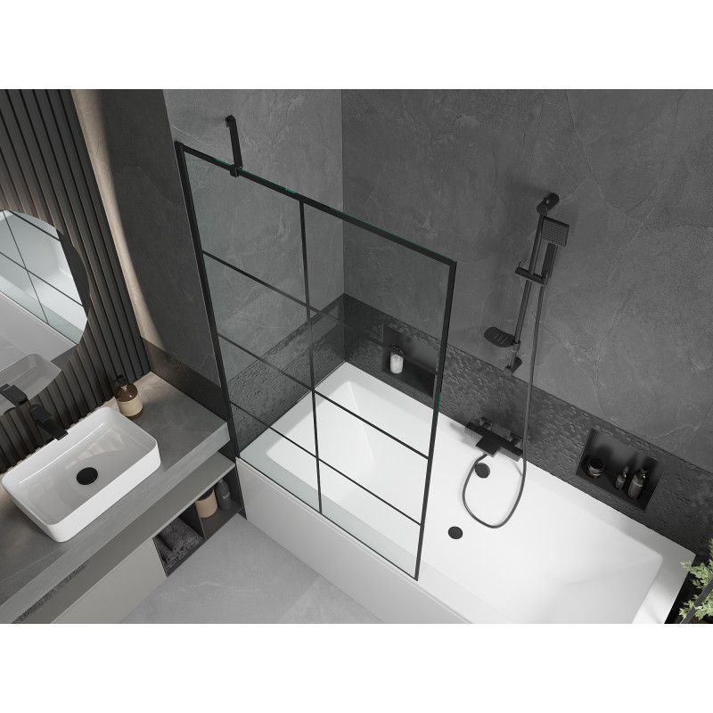 Rektangulært badekar Mexen Cube 180 x 80 cm med front- og sidepanel samt 1-fløjet brusevæg 100 cm med sort mønster, 1 sæt