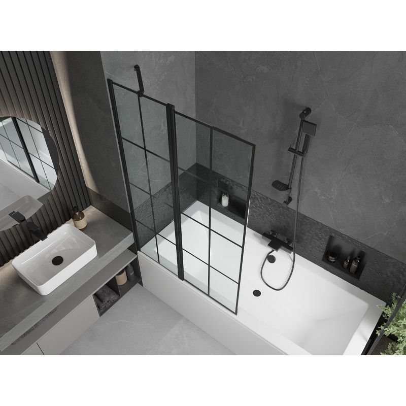 Rektangulært badekar Mexen Cube 180 x 80 cm med front- og sidepanel samt 1-fløjet brusevæg 100 cm i mat-sort design, 1 sæt