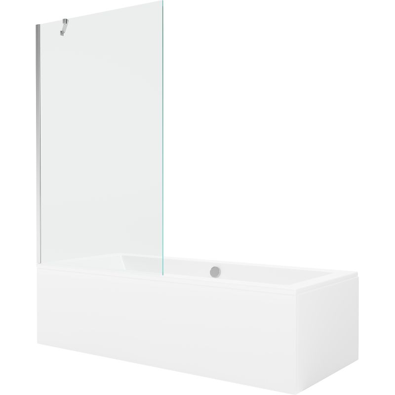 Rektangulært badekar Mexen Cube 180 x 80 cm med front- og sidebeklædning samt 1-fløjet brusevæg 100 cm i transparent glas med kromfinish, komplet sæt