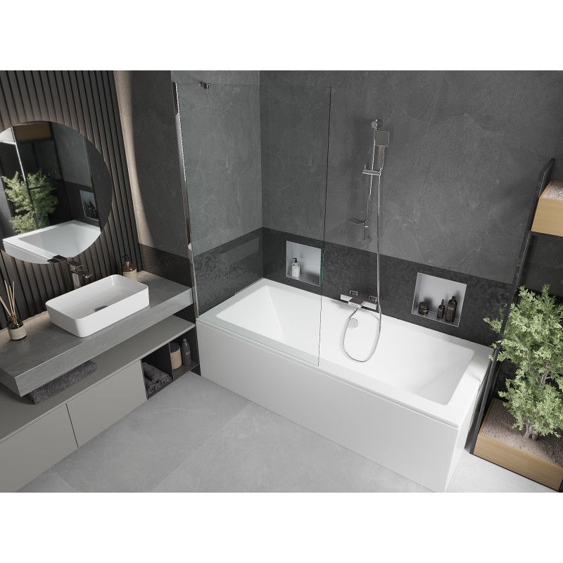 Rektangulært badekar Mexen Cube 180 x 80 cm med front- og sidebeklædning samt 1-fløjet brusevæg 100 cm i transparent glas med kromfinish, komplet sæt