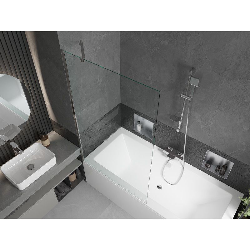 Rektangulært badekar Mexen Cube 180 x 80 cm med front- og sidebeklædning samt 1-fløjet brusevæg 100 cm i transparent glas med kromfinish, komplet sæt