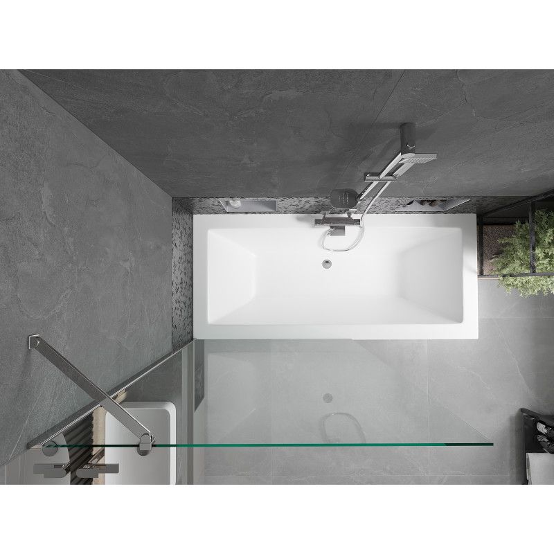 Rektangulært badekar Mexen Cube 180 x 80 cm med front- og sidebeklædning samt 1-fløjet brusevæg 100 cm i transparent glas med kromfinish, komplet sæt