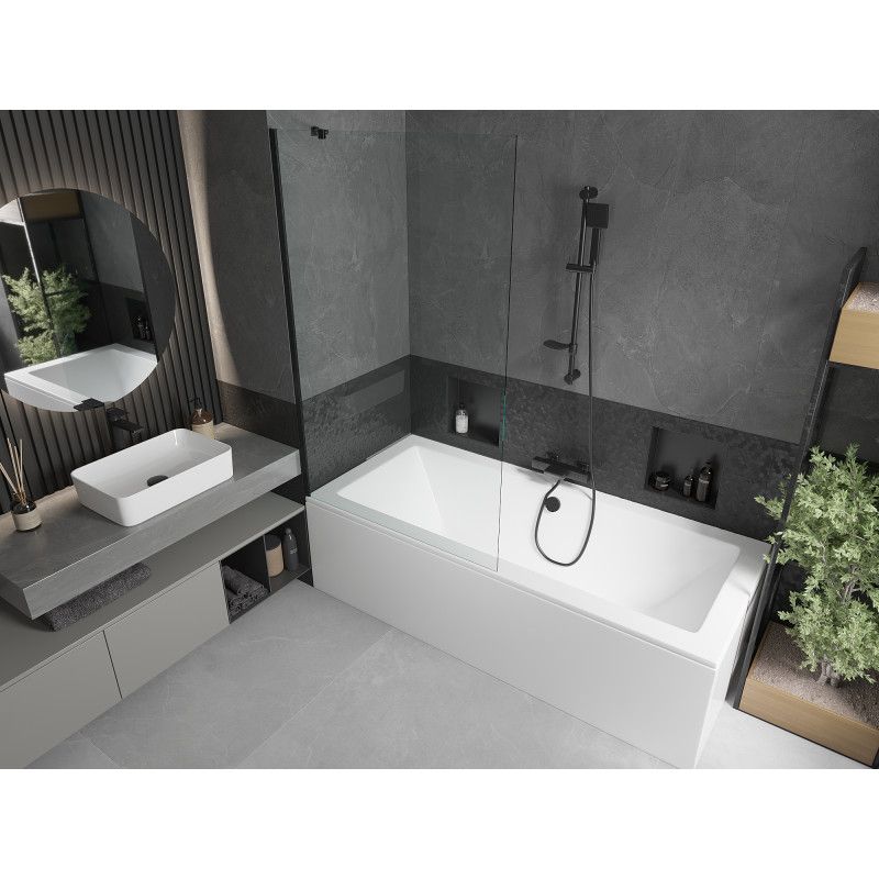 Rektangulært badekar Mexen Cube 180 x 80 cm med frontpanel og 1-fløjet brusevæg 100 cm transparent sort 1 sæt