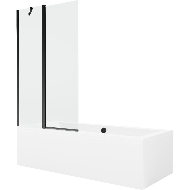 Rektangulært badekar Mexen Cube 180 x 80 cm med frontpanel og 1-fløjet brusevæg 100 cm transparent sort 1 sæt