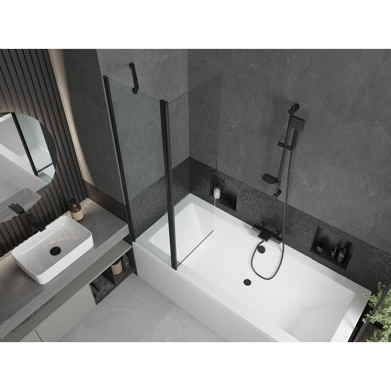 Rektangulært badekar Mexen Cube 180 x 80 cm med frontpanel og 1-fløjet brusevæg 100 cm transparent sort 1 sæt