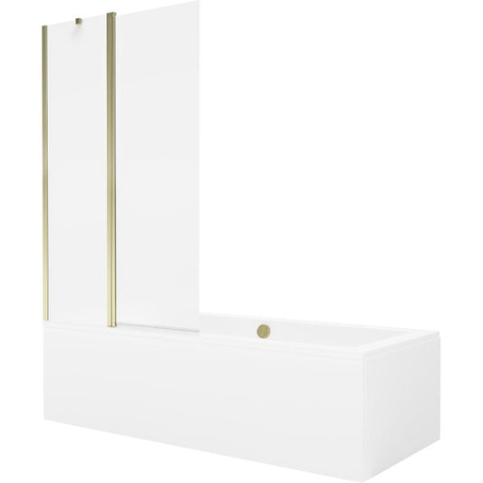 Rektangulært badekar Mexen Cube 180 x 80 cm med front- og sidebeklædning samt 1-fløjet brusevæg 100 cm i transparent glas med guldfinish, 1 sæt