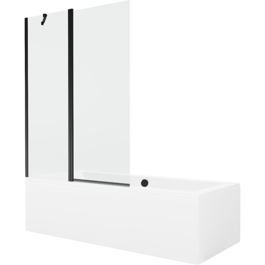 Rektangulært badekar Mexen Cube 180 x 80 cm med frontpanel og 1-fløjet brusevæg 120 cm transparent sort 1 sæt