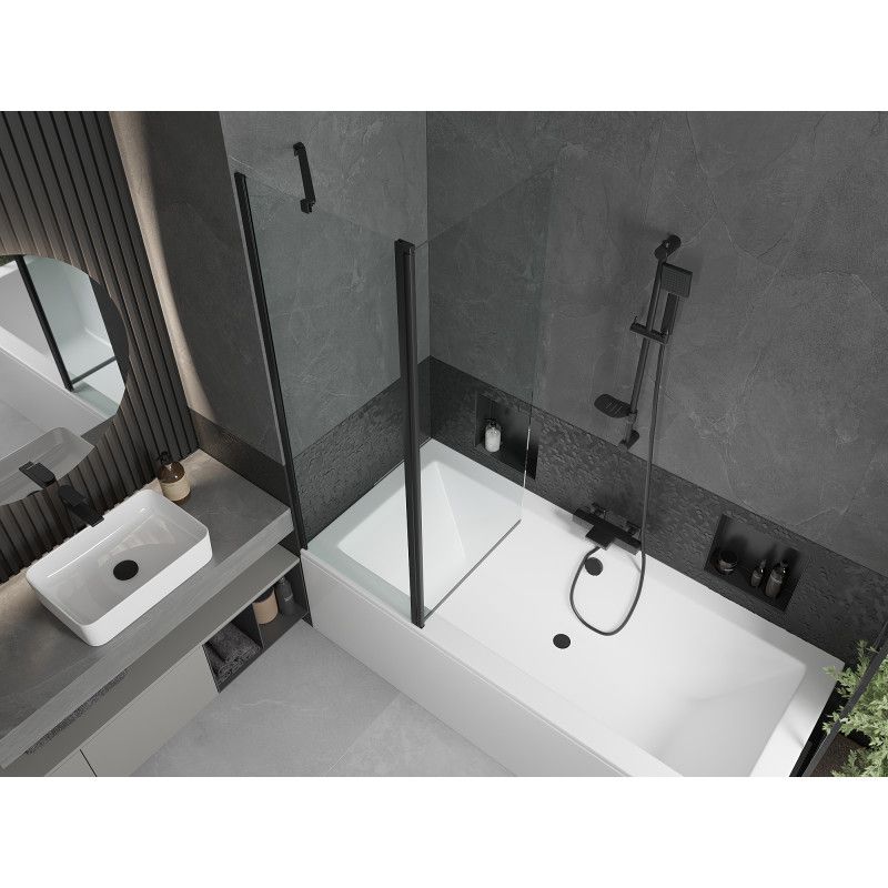 Rektangulært badekar Mexen Cube 180 x 80 cm med frontpanel og 1-fløjet brusevæg 120 cm transparent sort 1 sæt