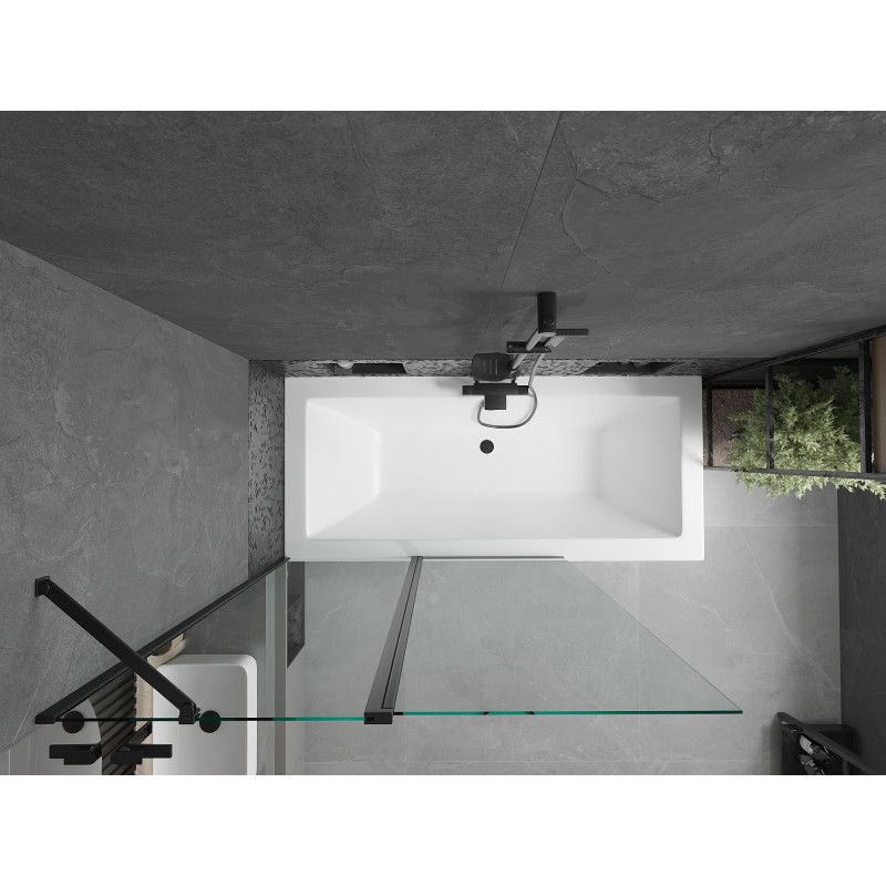 Rektangulært badekar Mexen Cube 180 x 80 cm med frontpanel og 1-fløjet brusevæg 120 cm transparent sort 1 sæt