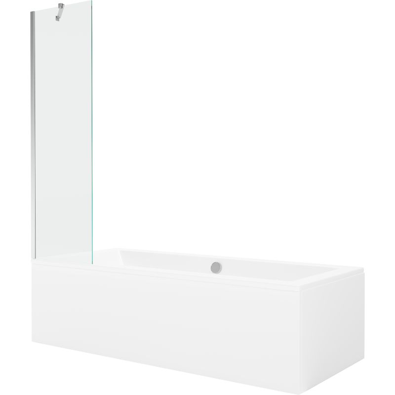 Rektangulært badekar Mexen Cube 180 x 80 cm med frontpanel og 1-fløjet brusevæg 50 cm i transparent krom, 1 sæt