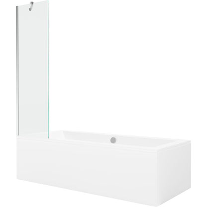 Rektangulært badekar Mexen Cube 180 x 80 cm med frontpanel og 1-fløjet brusevæg 50 cm i transparent krom, 1 sæt
