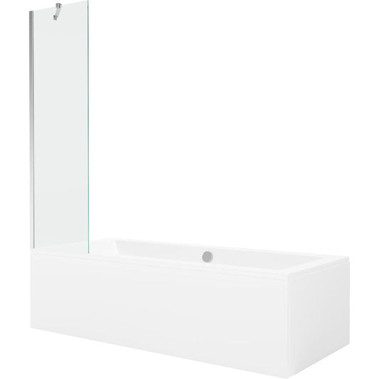 Rektangulært badekar Mexen Cube 180 x 80 cm med frontpanel og 1-fløjet brusevæg 50 cm i transparent krom, 1 sæt