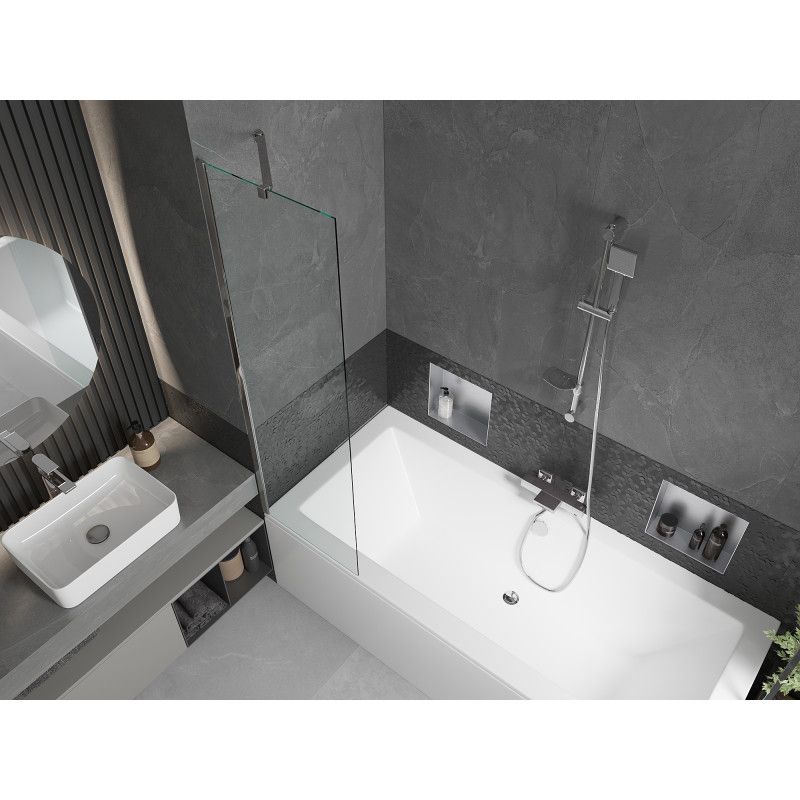 Rektangulært badekar Mexen Cube 180 x 80 cm med frontpanel og 1-fløjet brusevæg 50 cm i transparent krom, 1 sæt